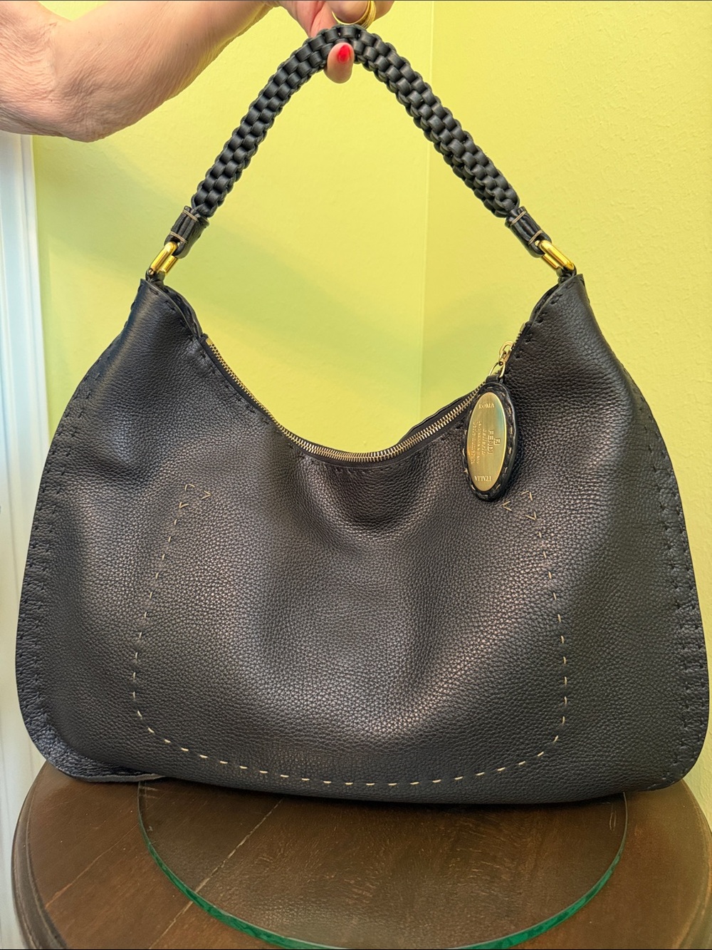 Fendi Black Leather Hobo Style Handbag